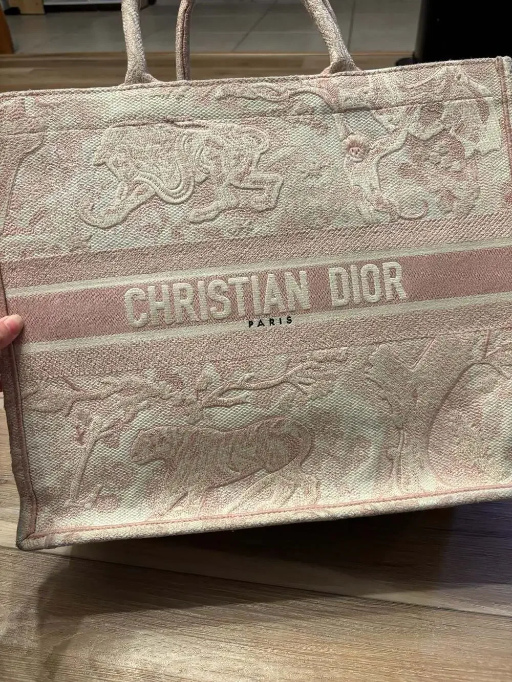 Christian Dior Medium Toile de Jouy Jungle Tote Pink White Embroidered Canvas